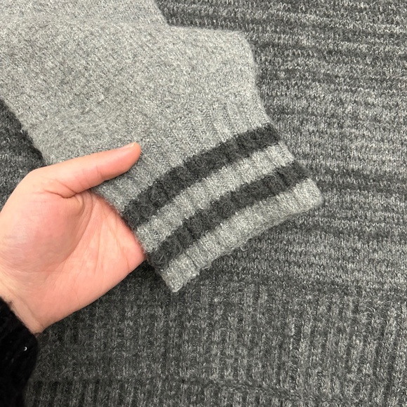 Gray Knit Sweater with Striped Sleeves - Picture 2 of 7